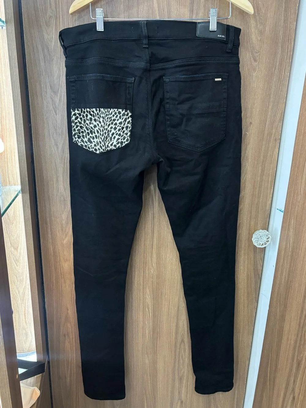 AMIRI Men’s Black Leopard Patch Distressed Skinny Jeans Size 36
